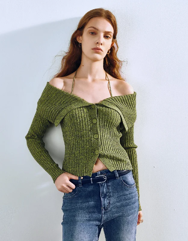 Knitted StripedHalter Neck Off-Shoulder Knitted CardiganLuxury Knit Tops