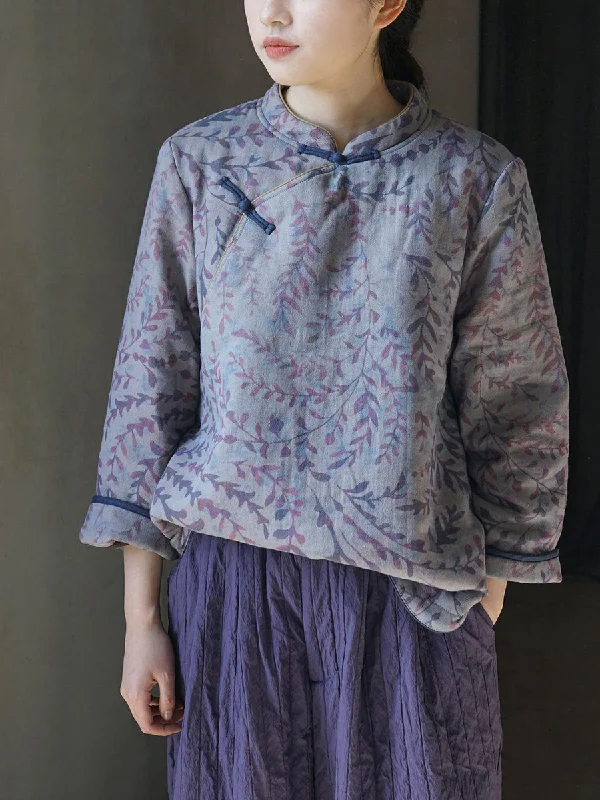 Women Winter Retro Leaf Cotton Padded CoatPainted Jackets