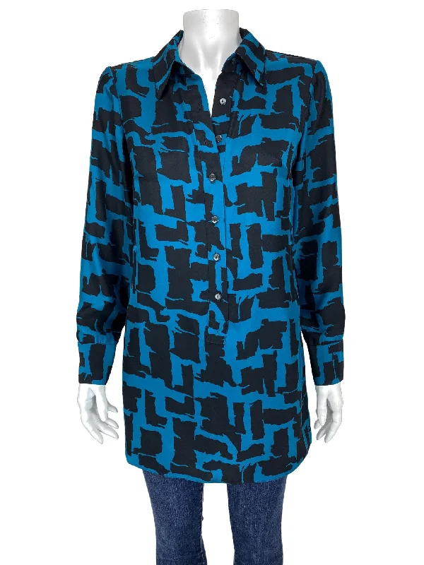 Alice & Trixie, Women's Printed Silk Tunic, Teal/Black, Size STunicTopBlaze